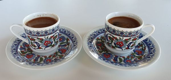 High angle view of coffee cup on table