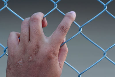 Cropped image of hand on chainlink fence