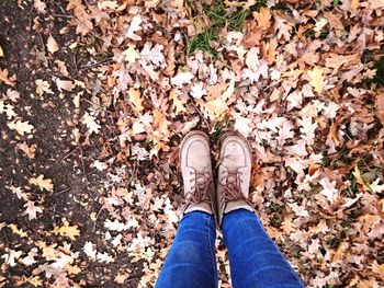 Low section of woman on dry leaves