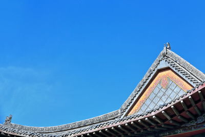 Low angle view of roof of building against blue sky