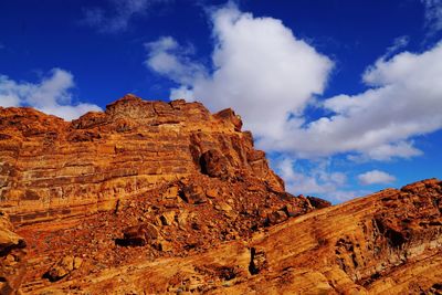 Low angle view of rocky mountains against sky