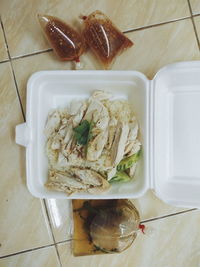 High angle view of food served on table