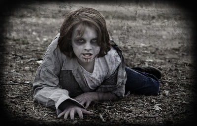 Portrait of teenage boy with make-up lying on land