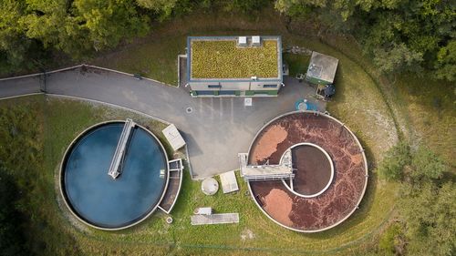 Aerial view of pond on field