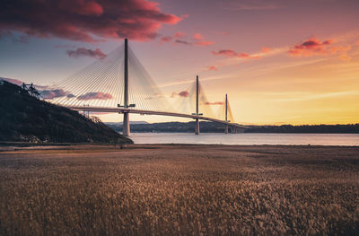 View of suspension bridge against sky during sunset