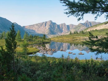 Scenic view of lake and mountains against sky