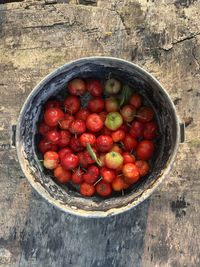 Directly above shot of strawberries in bowl on table