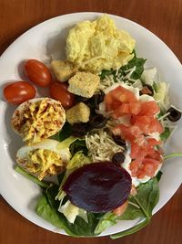 High angle view of breakfast served on table