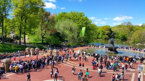 High angle view of crowd at bethesda terrace and fountain in central park