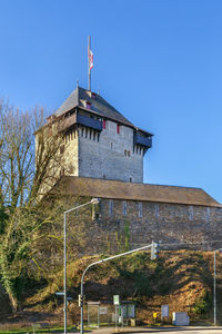 Built structures against clear blue sky