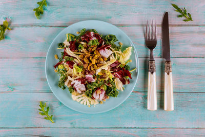 High angle view of meal served on table