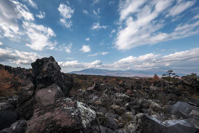 This landscape of black, craggy rocks was created from molten lava when mt. asama erupted in 1783. 