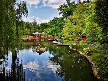 House by lake and trees against sky