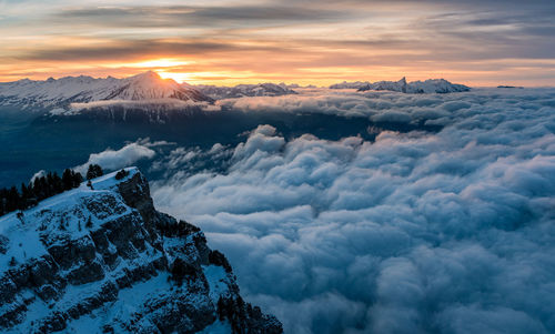 Scenic view of snow covered mountains against sky during sunset