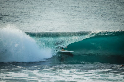 Surfer in a perfect barrel wave