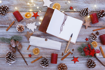 High angle view of christmas decorations on table