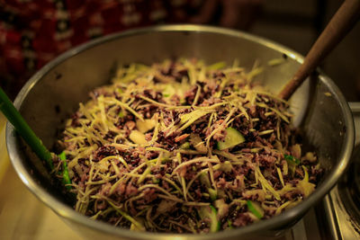 High angle view of rice in bowl on table