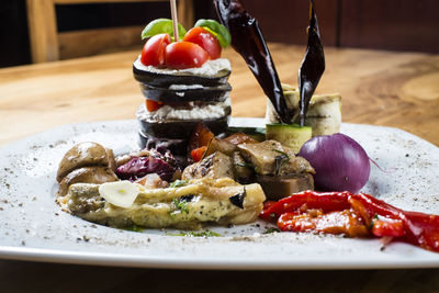 Close-up of fruits served in plate