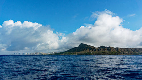 Panoramic view of sea against blue sky