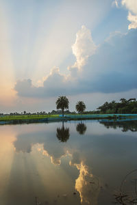 Scenic view of lake against sky at sunset