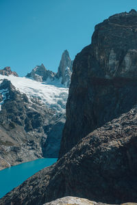 Scenic view of mountains against clear blue sky