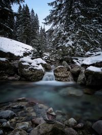 River flowing through rocks in forest during winter