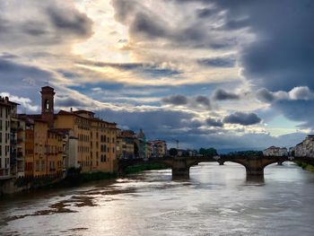 Bridge over river by buildings against sky at sunset