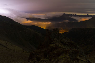 Scenic view of mountains against sky during sunset