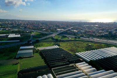 High angle view of buildings against sky in city