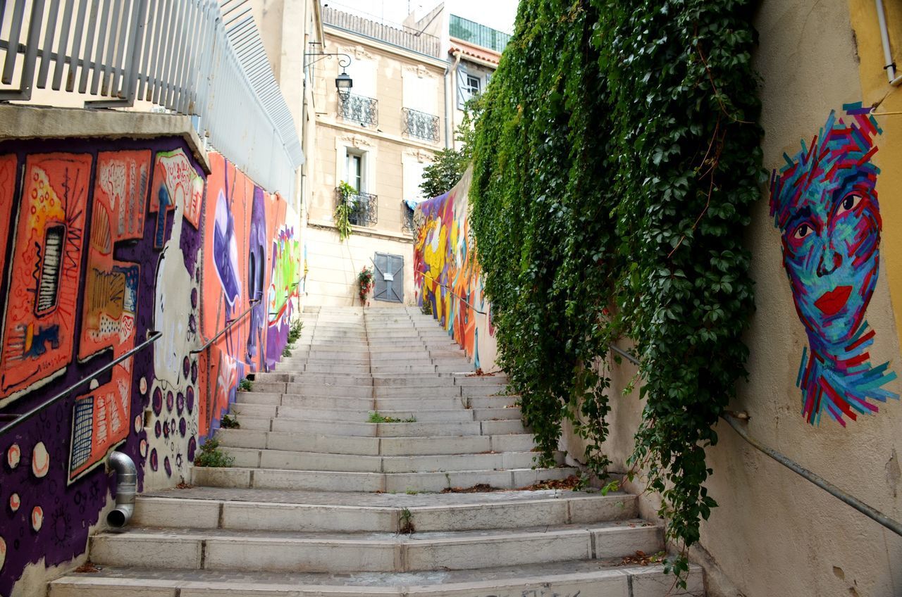 Graffiti walls along stairs