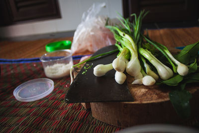 High angle view of vegetables in plate on table