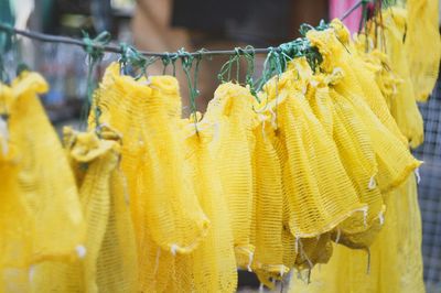 Close-up of clothes drying for sale at market