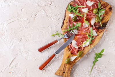 High angle view of pizza on table