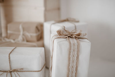 Close-up of white tied up on table