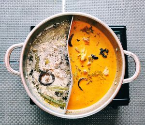 Directly above shot of soup in bowl on table