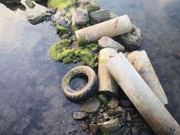 High angle view of stone stack on rock