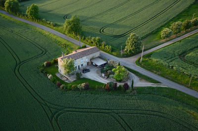 Aerial view of agricultural field with a house