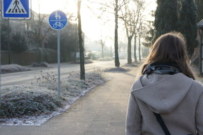 Rear view of woman with umbrella on bare trees