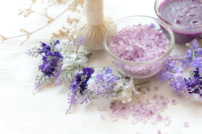 High angle view of various flowers on table