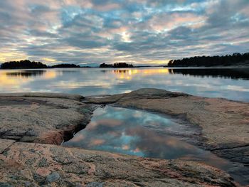 Scenic view of lake against cloudy sky