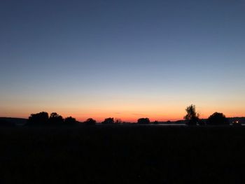 Silhouette trees on field against clear sky during sunset