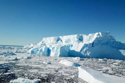 Scenic view of snowcapped mountains against clear blue sky