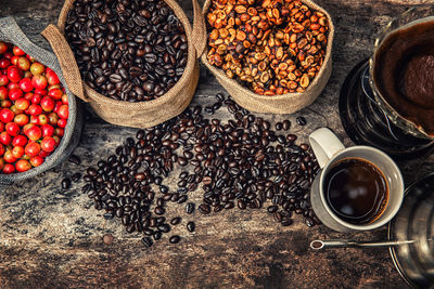 High angle view of coffee beans on table