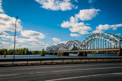 Bridge over road against blue sky