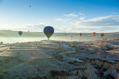 Hot air balloons flying over beach