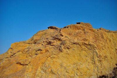 Low angle view of rock formations against clear blue sky