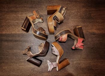 High angle view of various objects on table