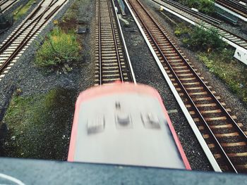 High angle view of train at railroad station