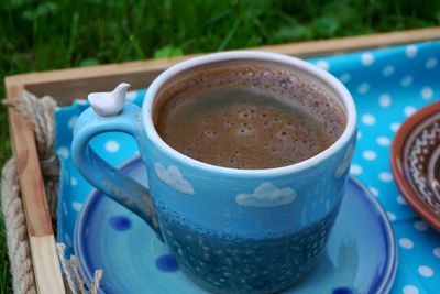 High angle view of coffee on table