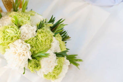 High angle view of fresh white flowers in plate on table